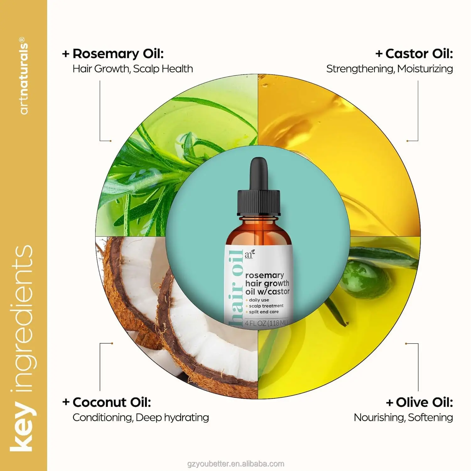 Organic Rosemary Castor Hair Growth Oil with Coconut & Olive Oil Invigorating Nourishing Treatment for Hair & Scalp