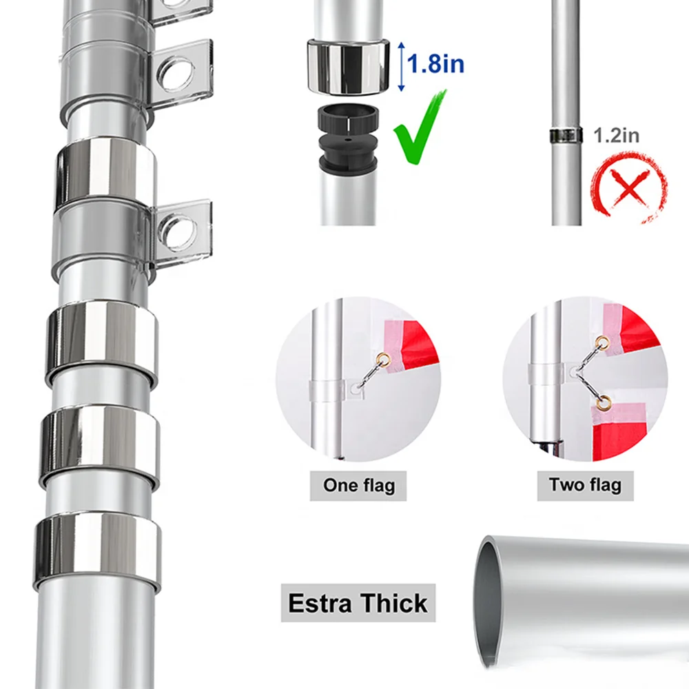 Easy Installation Customized Size Standing Aluminium Telescoping Flagpole For Streets Use