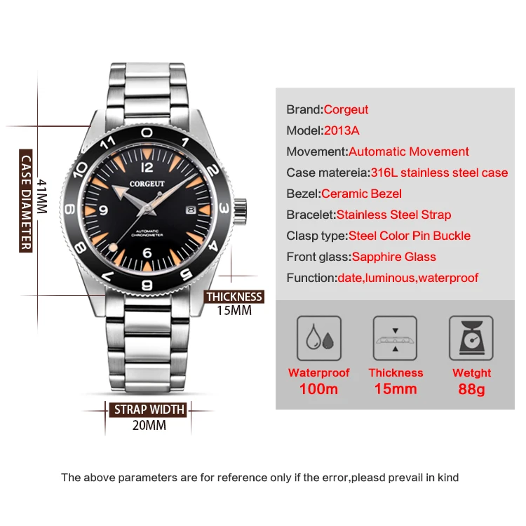 Corgeut 41mm 007James Bond 904L Stainless Steel Sapphire Glass Miyota Movement Date 10ATM Dive Mens Automatic Mechanical Watches