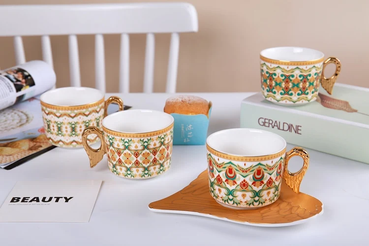 Fancy Angel Wing Ceramics Afternoon Tea Coffee Cup Suit Gold Handle Coffee Cups with Plate