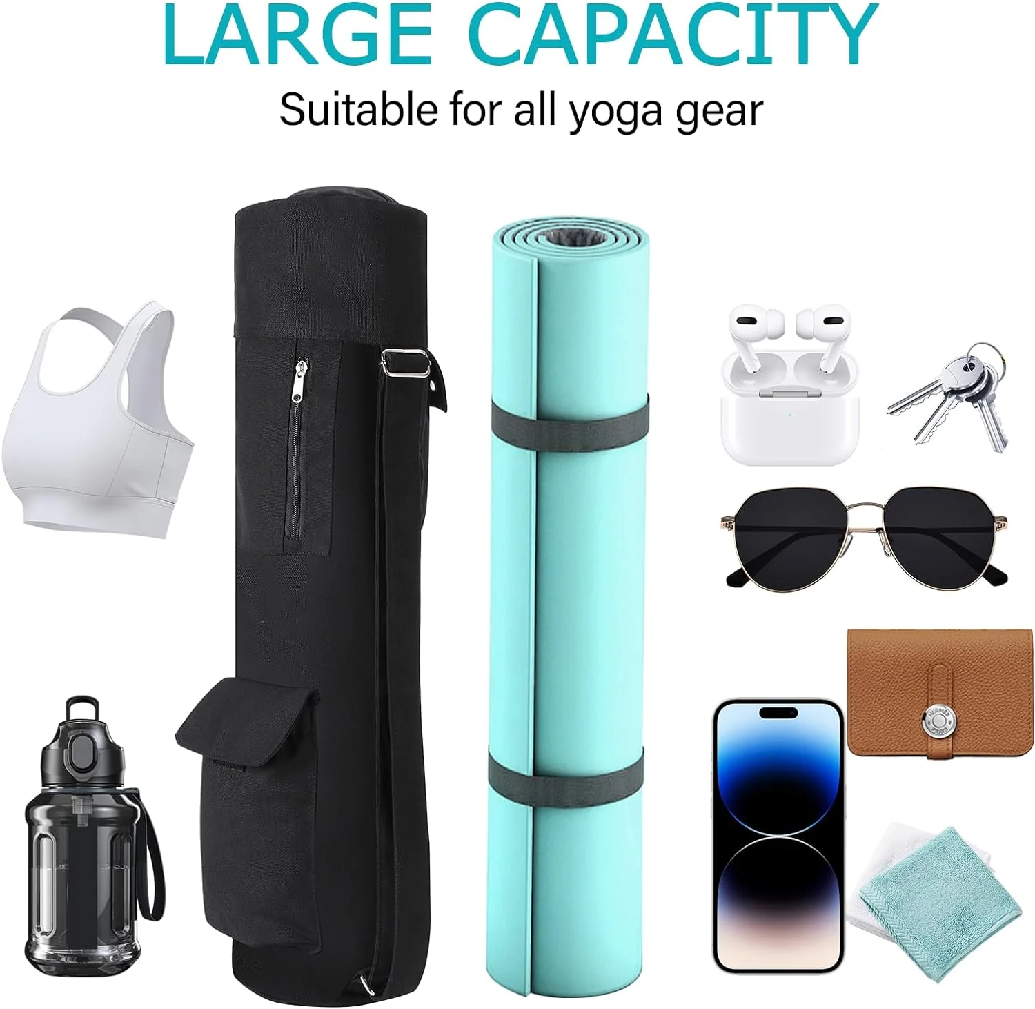 Yoga Mat Bag with Water Bottle Pocket, Exercise Yoga Mat Carrier Multi-Functional Storage Bag with adjustable straps