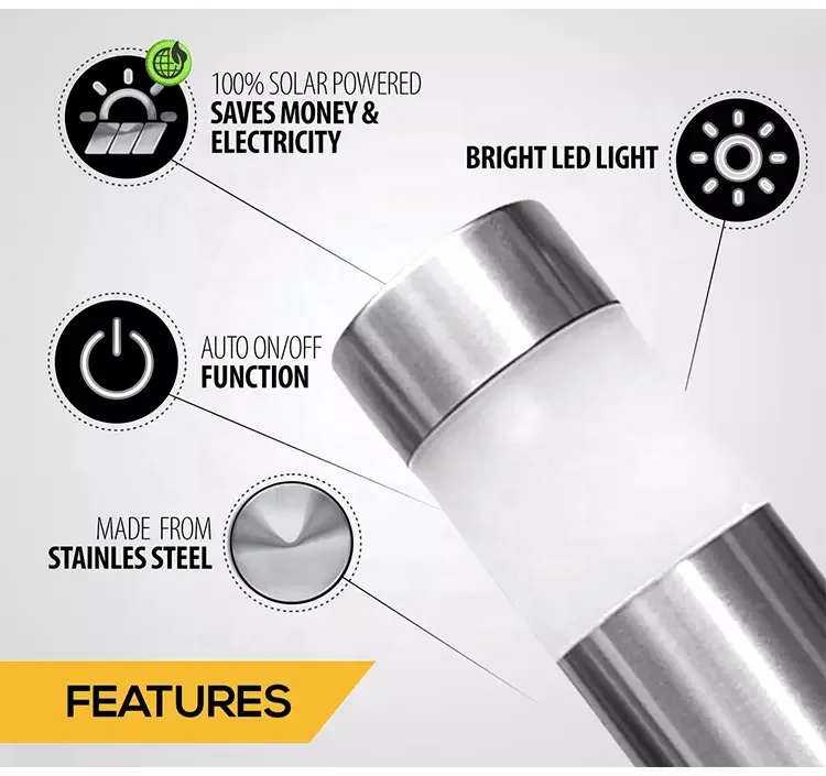Solar Panel Power Battery LED Garden Lights Solar Stainless Steel Decoration Pathway Bollard Light Garden Street Lights