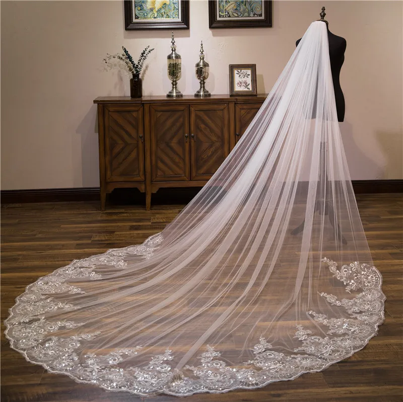Luxury Wedding Accessories 3 Meters No Comb Long Sequin Lace Wedding Veil