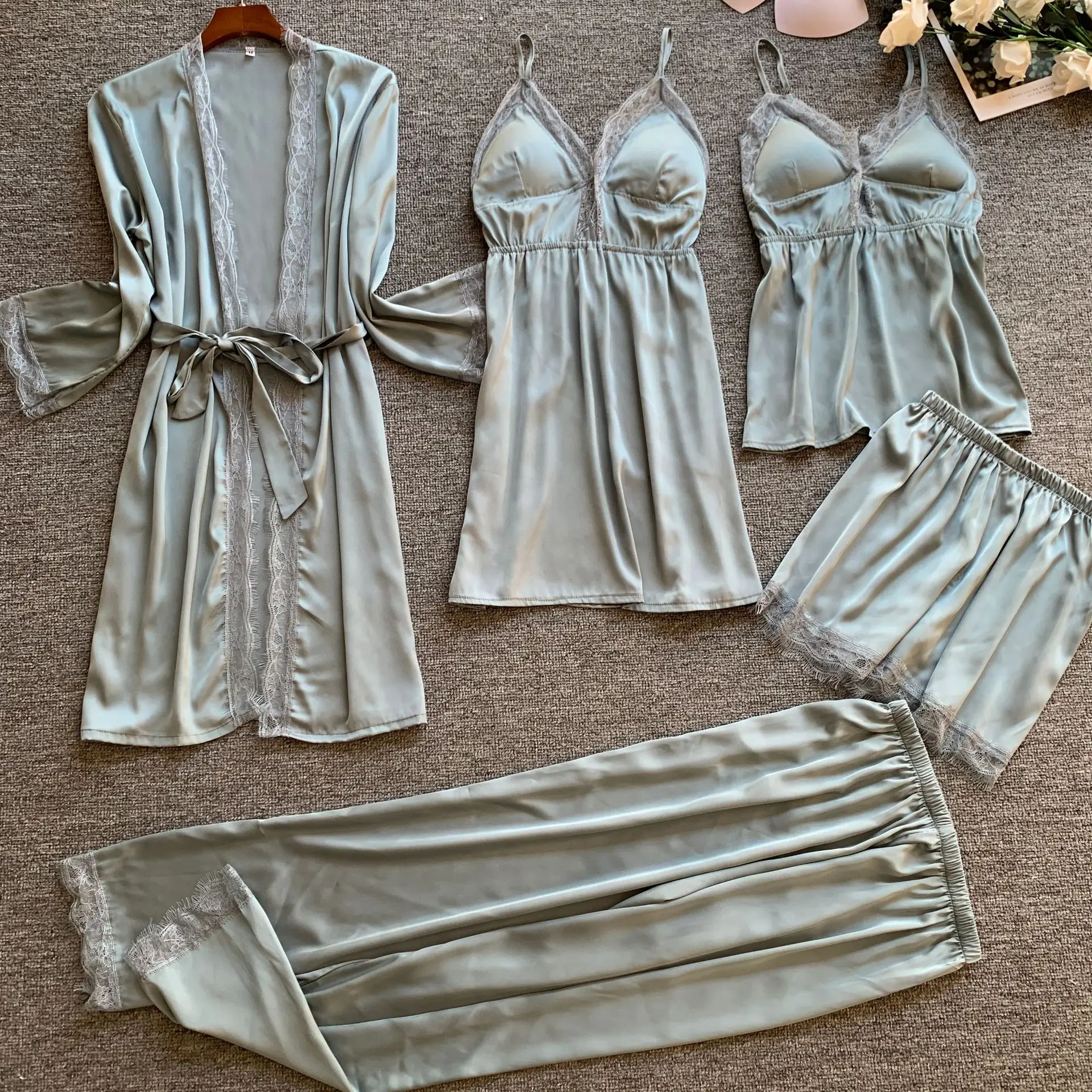 NEW ARRIVAL wholesale 5 piece Satin Robe sets sexy lace babydoll for women summer lingerie Silky cami pajama set