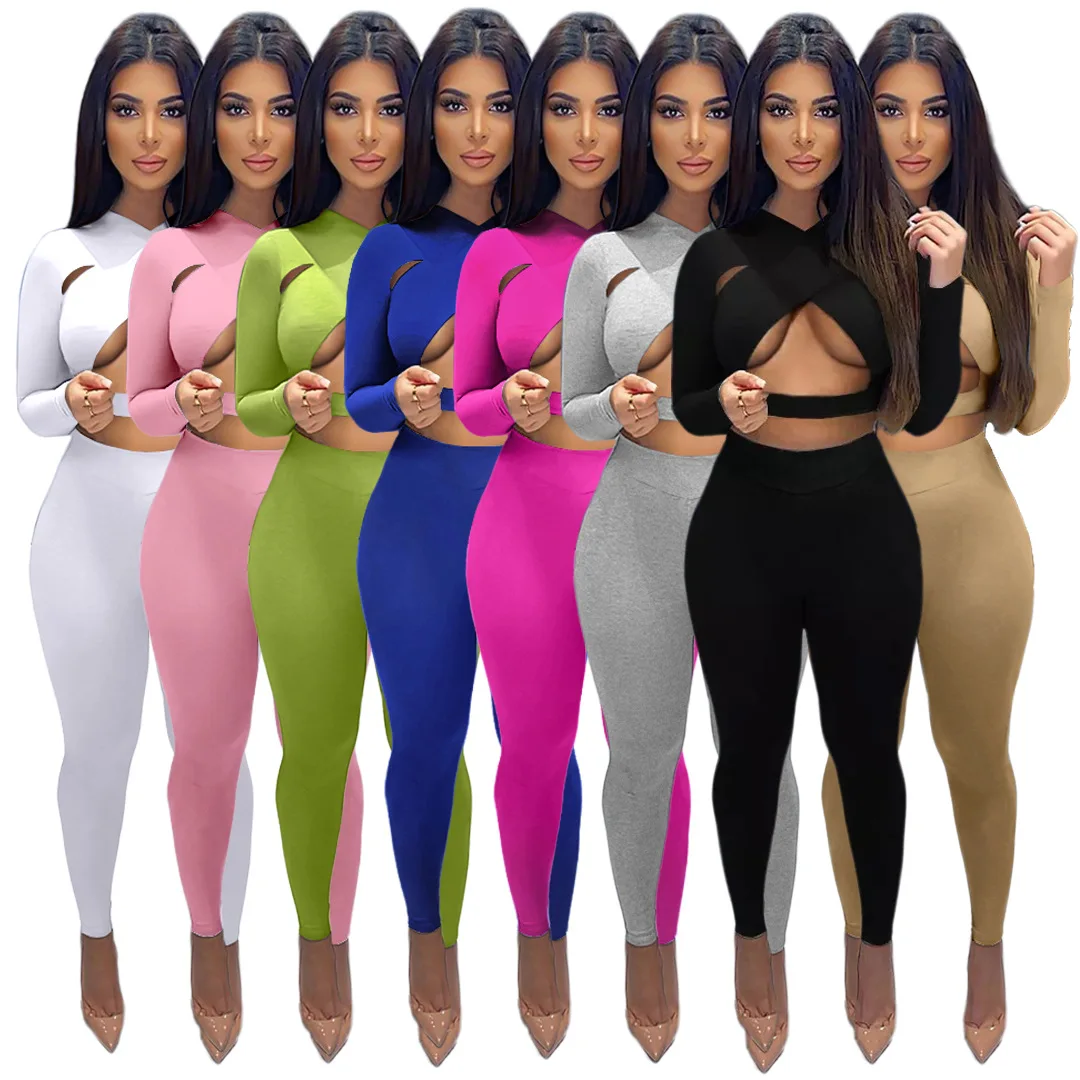 Yoga Hollow out Two Piece Pants Set  Summer Clothing Solid Cross Two Pieces Sport Set Casual 2 Piece Women Outfit
