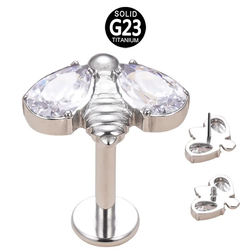 Wholesale High Grade F136 Titanium Piercing Jewelry CZ Wings Bee Internally Threaded Push Pin Top Part Labret Nose Studs