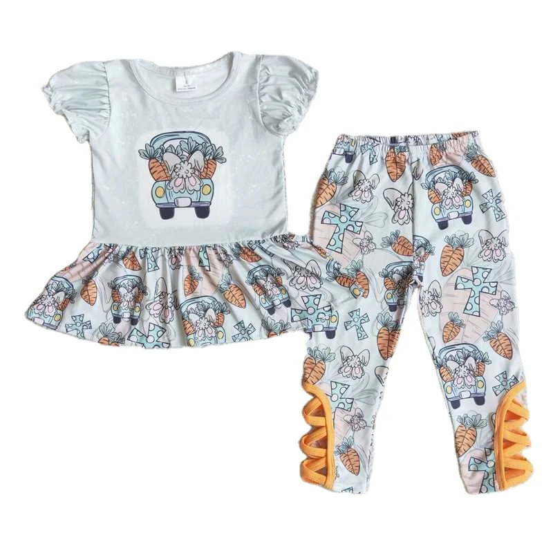 2022 Hot Selling RTS Baby Girls White Carrots Car Fly Sleeves Short Pants Bell Bottoms Outfits Kids Cute Set Fashion For Wearing
