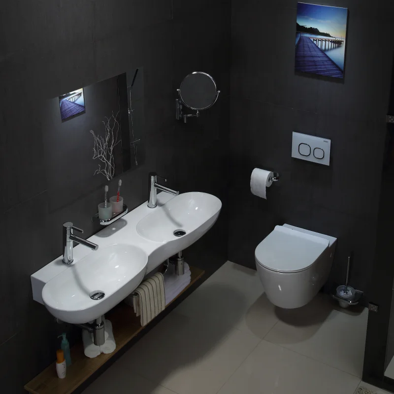 Expensive sanitary ware bathroom dining room oval double wash basin one piece wall hung basin