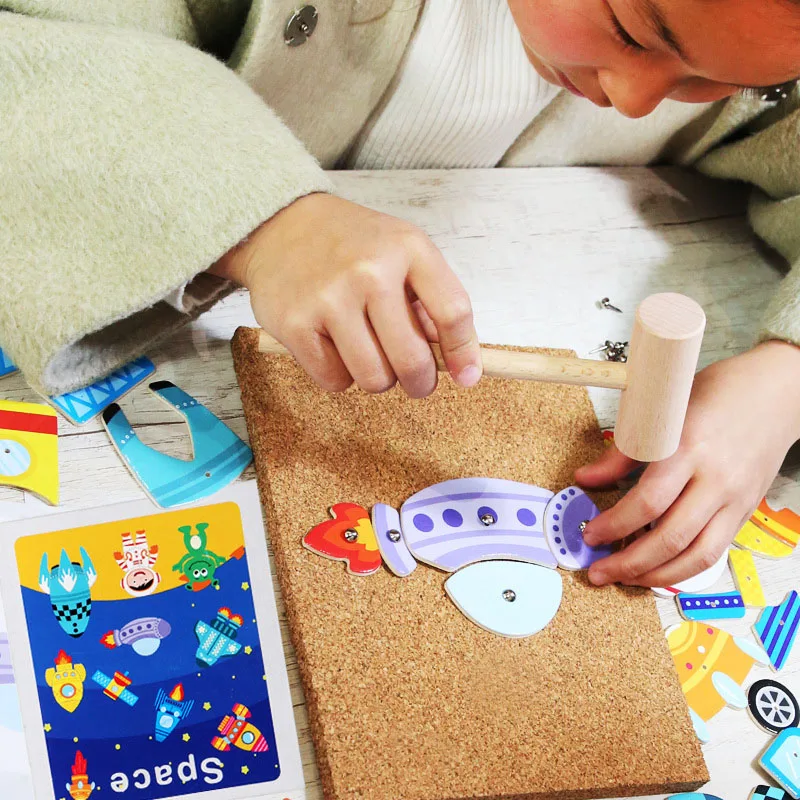 Hot selling Portable Funny Knock nails jigsaw puzzle Wooden Diy Construction Pretend kids play tool set toy