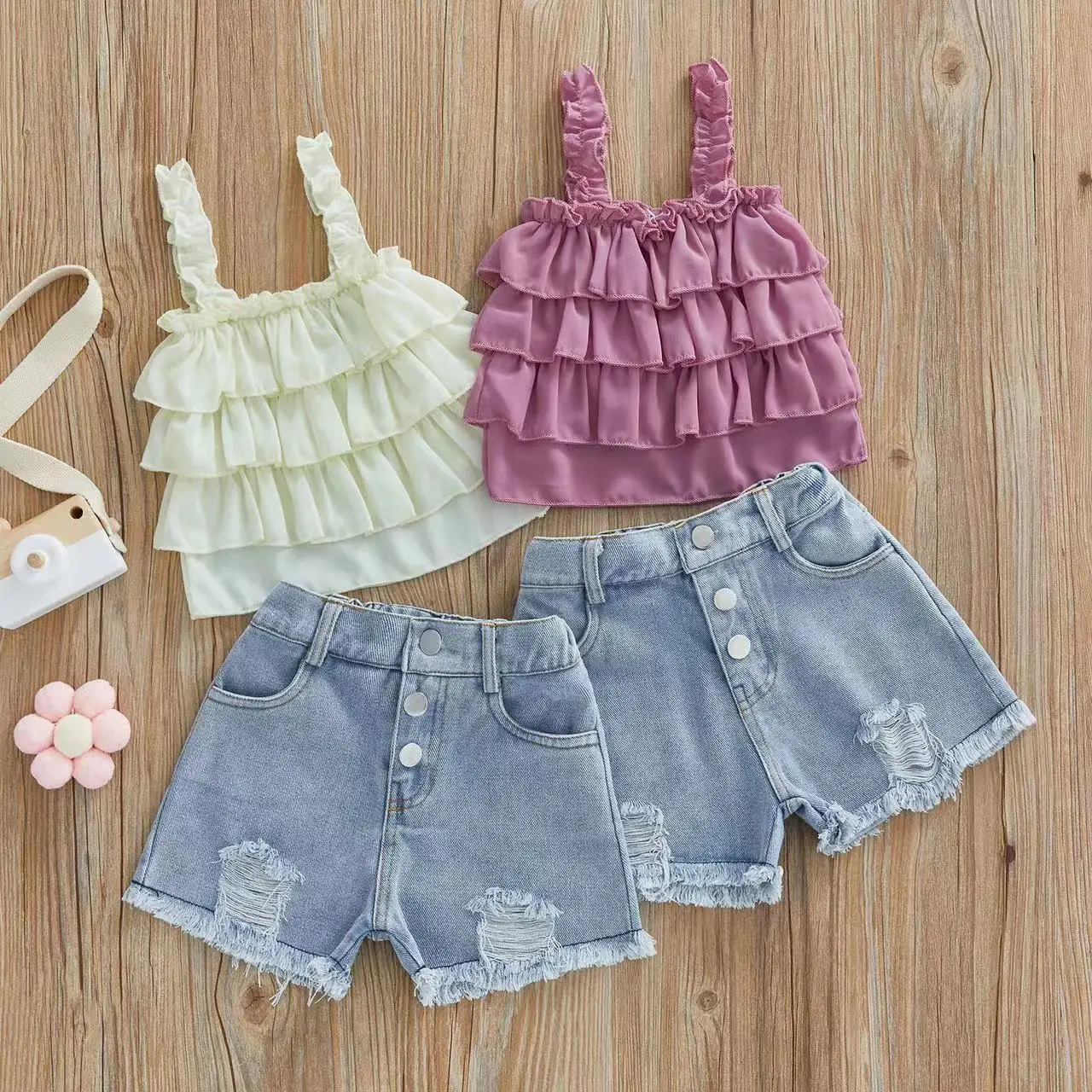 J&H 2022 wholesale girls kids summer sets ruffled collar vest and ripped jeans  shorts 2 piece outfits lovely toddler clothes