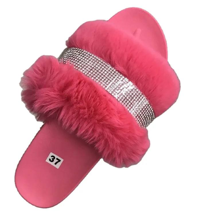 Fashion Faux Fur Women Shoes Platform Diamond Slides Rhinestone Plush Thick Sole Bling Slippers Outdoor Lady Sandal