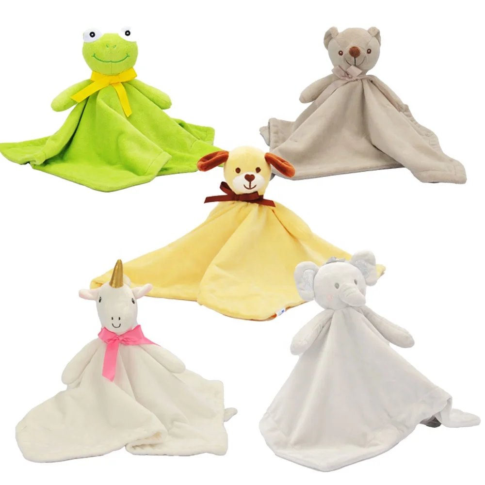 
wholesale OEM free sample dog frog bear unicorn elephant toy blanket baby security blanket plush animal security bla 