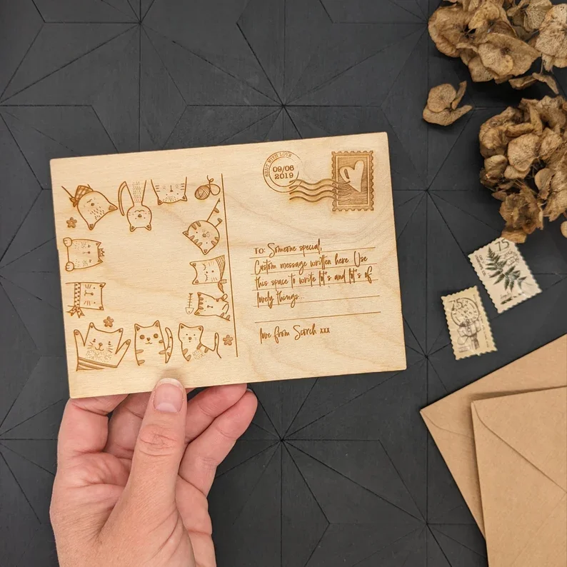 Wholesale Factory DIY Wooden Postcard Customization Laser Cut  Birthday Card Laser Cut Crafts Wood Postcard