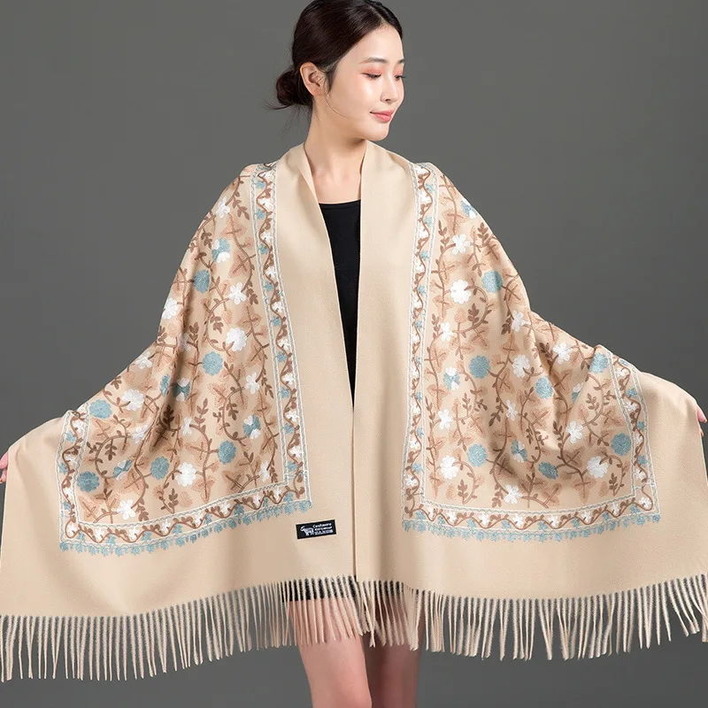 Yucat Wholesale Warm Girls Tassel Flowers Scarves Shawls Women Custom Winter Viscose Embroidery Cashmere Scarf