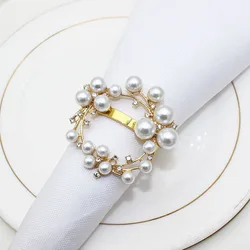 Newest Gold Wreath Napkin Rings Metal Rhinestone Pearl Napkin Ring Holder Flower Napkin Rings Weddings HWP45