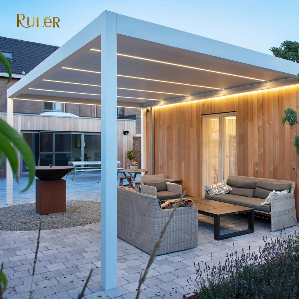 Install Easily Aluminum louvered roof pergola Outdoor Garden Gazebo Motorized Bioclimatic Pergola with LED light
