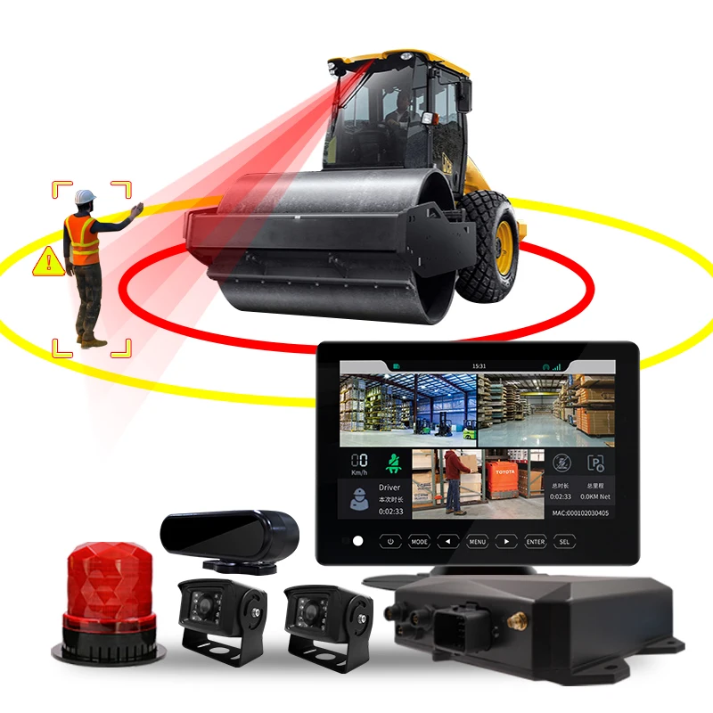 Large construction machinery safety pedestrian ai camera road roller forklift blind zone collision avoidance system