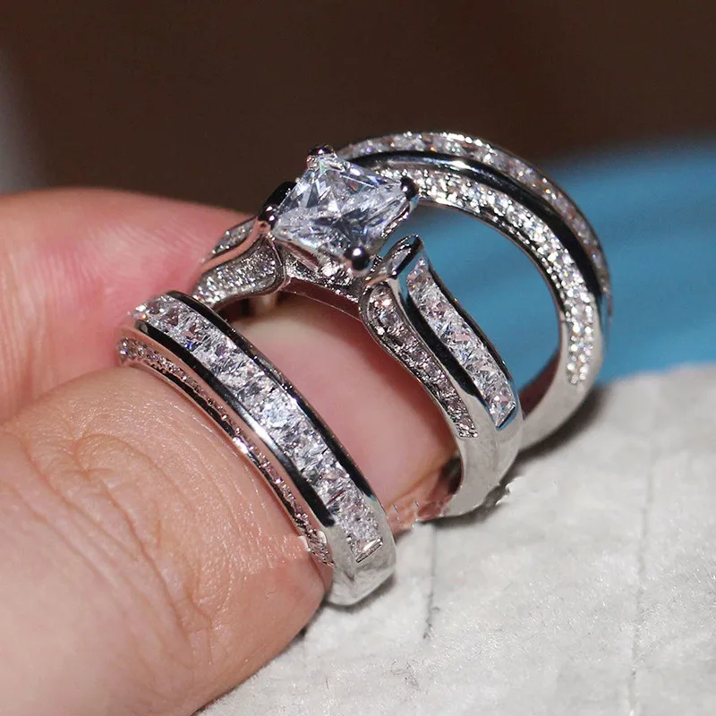
Huitan 3Pcs/Set Engagement Rings Set Princess Cut Dainty Gems Cubic Filled Women Girls Silver Gold Wedding Luxury Ring Sets 