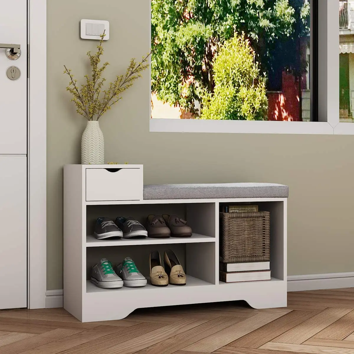  Shoe Storage Benches with Cushion Seating White Rack Bench Entryway Organizer Bedroom Dining Room