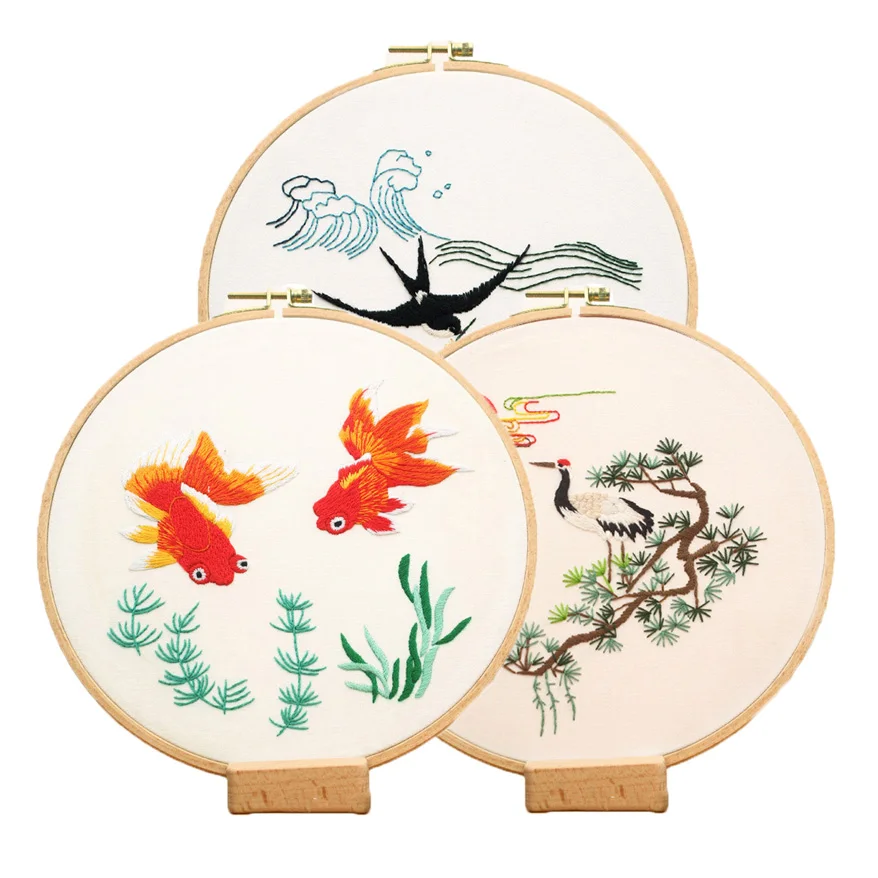 Chinese Style Embroidery Kits with Hoops ,Goldfish Sea Landscape,  DIY Handmade Craft for Beginner Printed Needlework Sewing Art