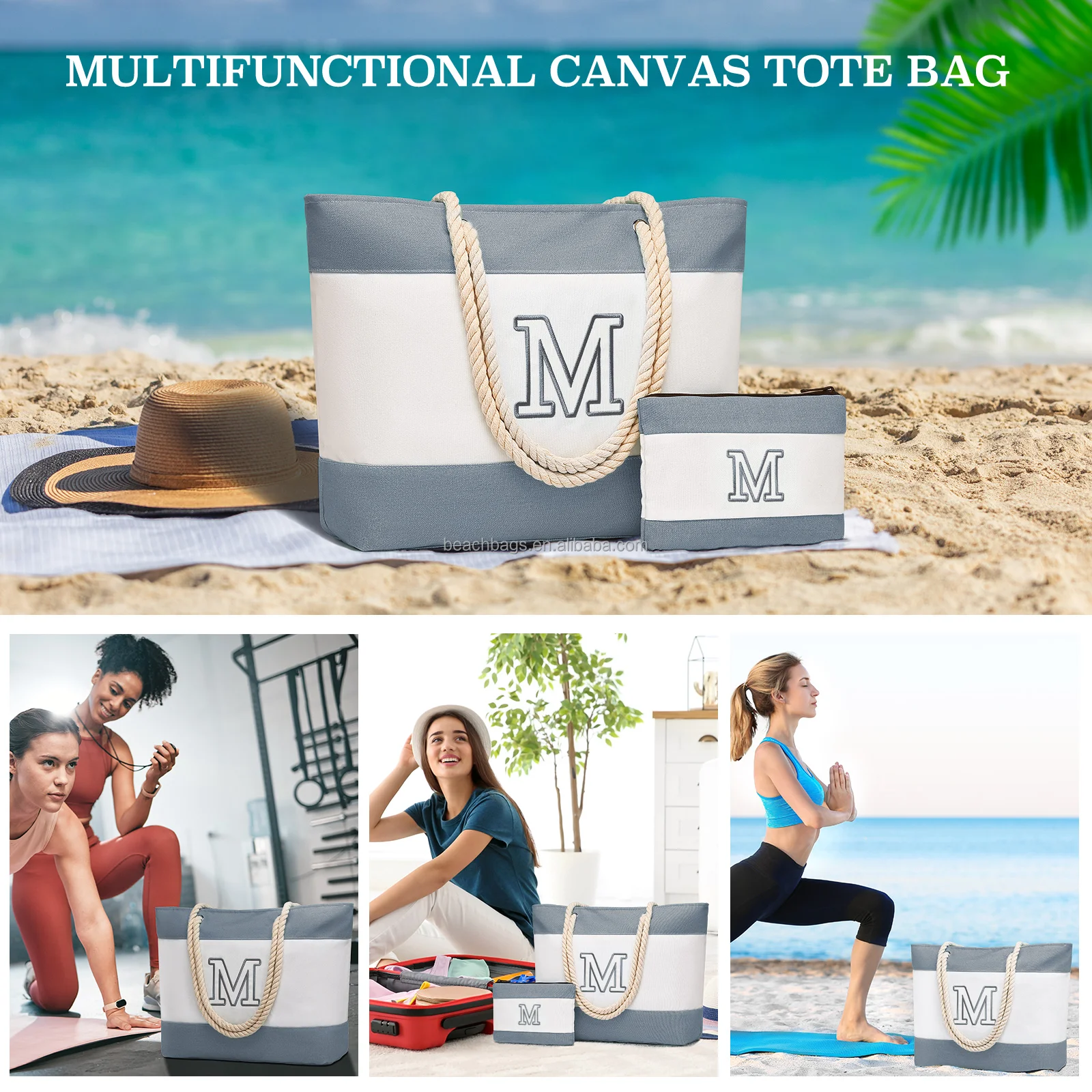 Custom high quality Waterproof Surface bolsas de mujer beach tote bag Large Capacity Reinforced & Soft Handle beach bag set