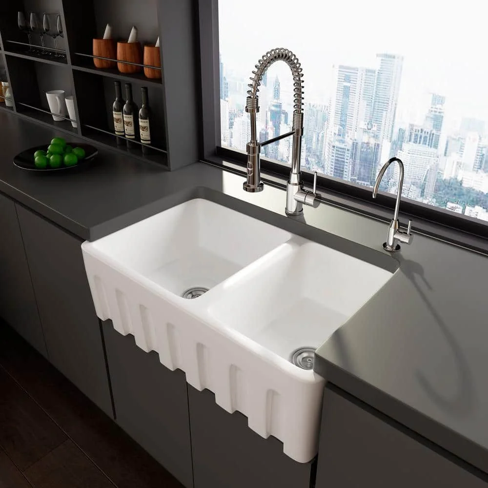 North America 3020f Wholesale Ceramic Deep Farmhouse Large Fluted Double Bowl Kitchen Sink