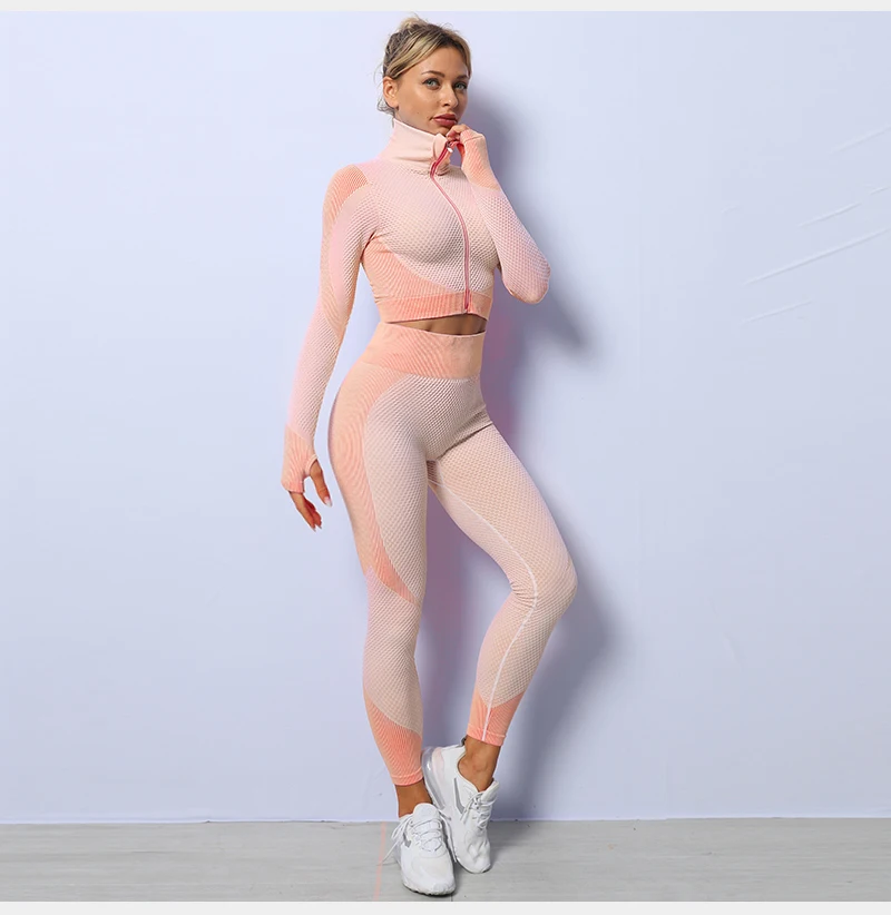 Custom Logo S-xl Gym Fitness Suit Bra Seamless Plus Size Jacket 3 Piece Training Suit Legging Set Long Sleeve Fitness Set Women
