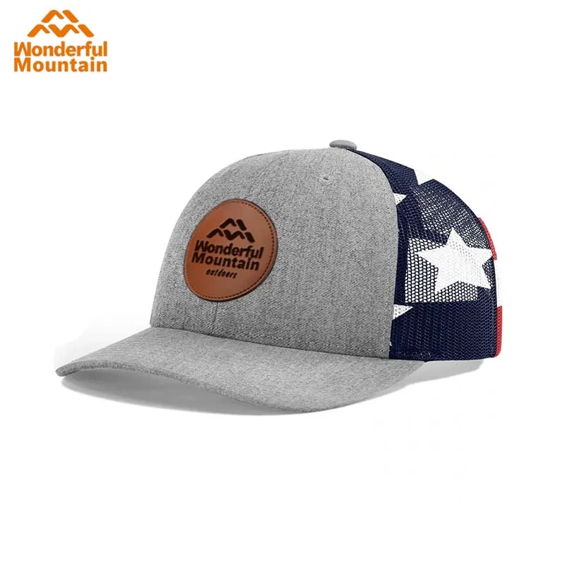 Custom leather patch logo back American flag 6 panel mesh trucker hat