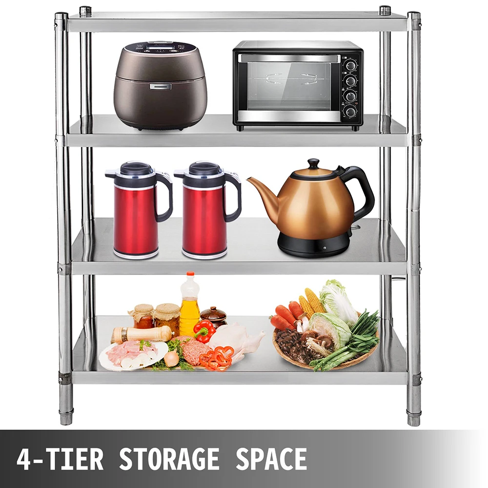 4-Tier Shelf Stainless Steel Shelving Commercial Standing Shelf Unit Display Rack for Kitchen, Office, Garage Storage