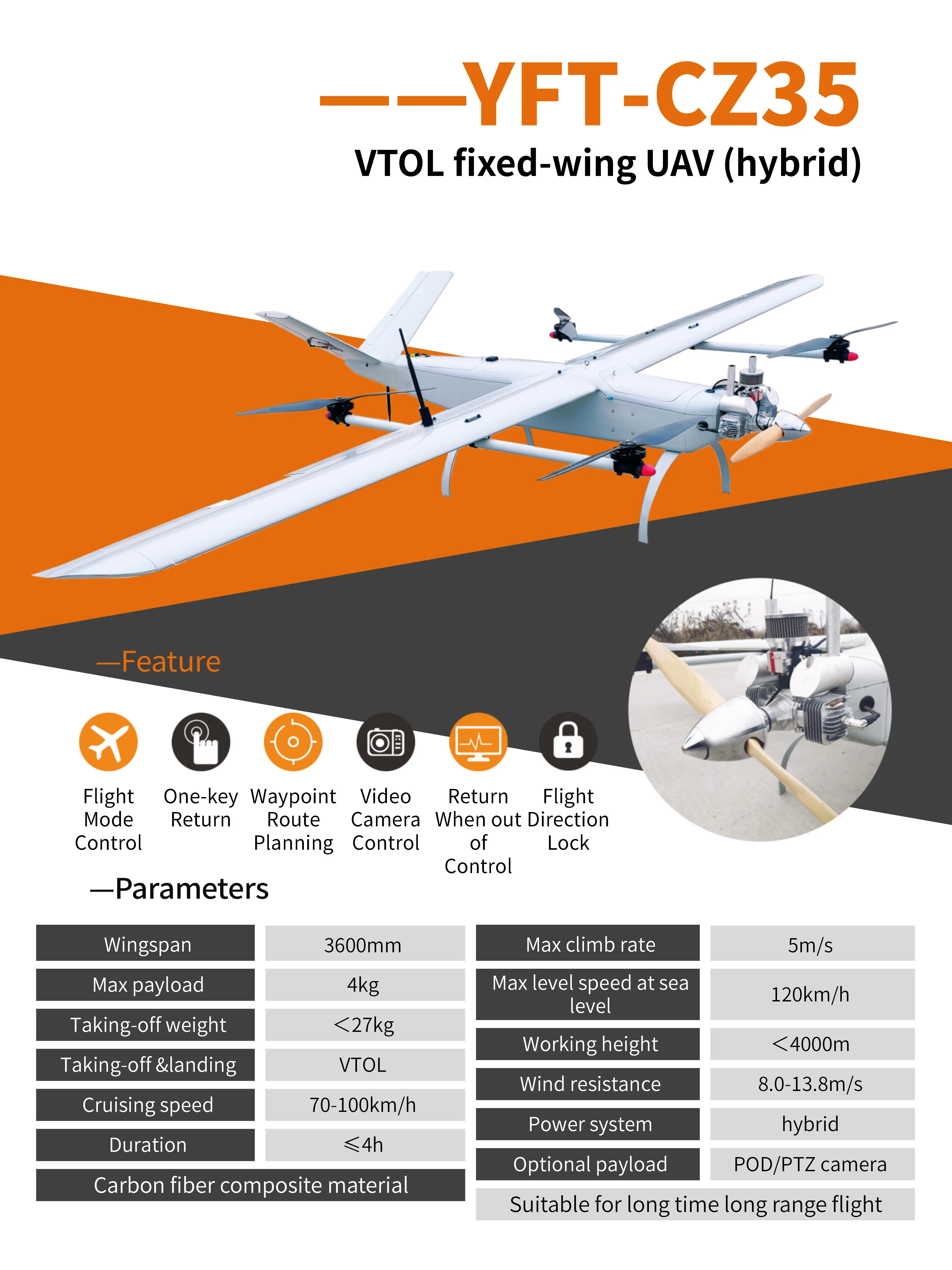 Профессиональный большой дальности VTOL с неподвижным крылом наблюдения Дрон YFT-CZ35