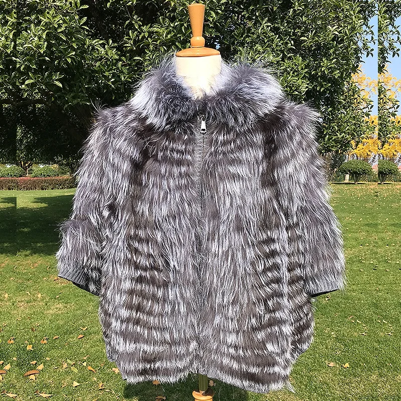 Woman Fashion England Style Thick Silver Fox Fur Poncho Bigger Size Real Fox Fur Shawl Capes