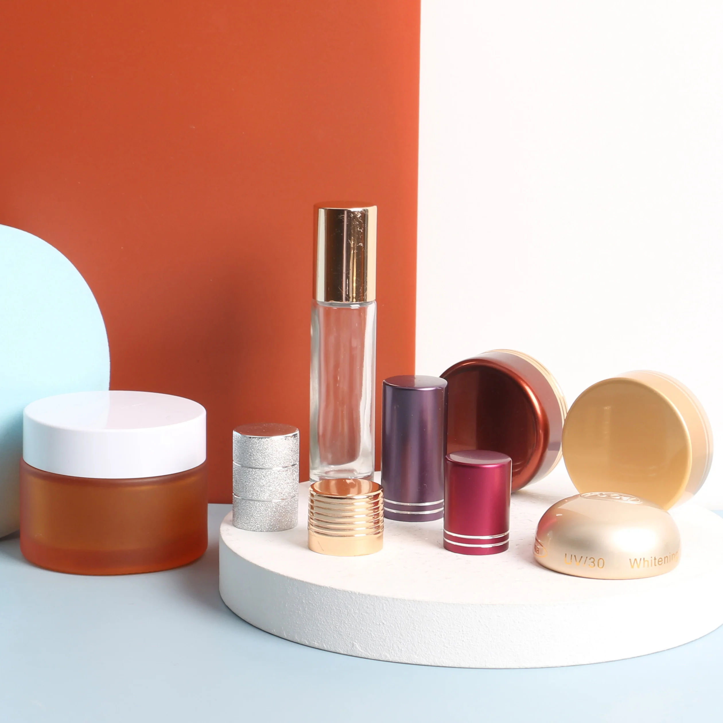 50ml 53mm 28mm 70/400 custom metal golden layer refillable cosmetic aluminum plastic bottle cap