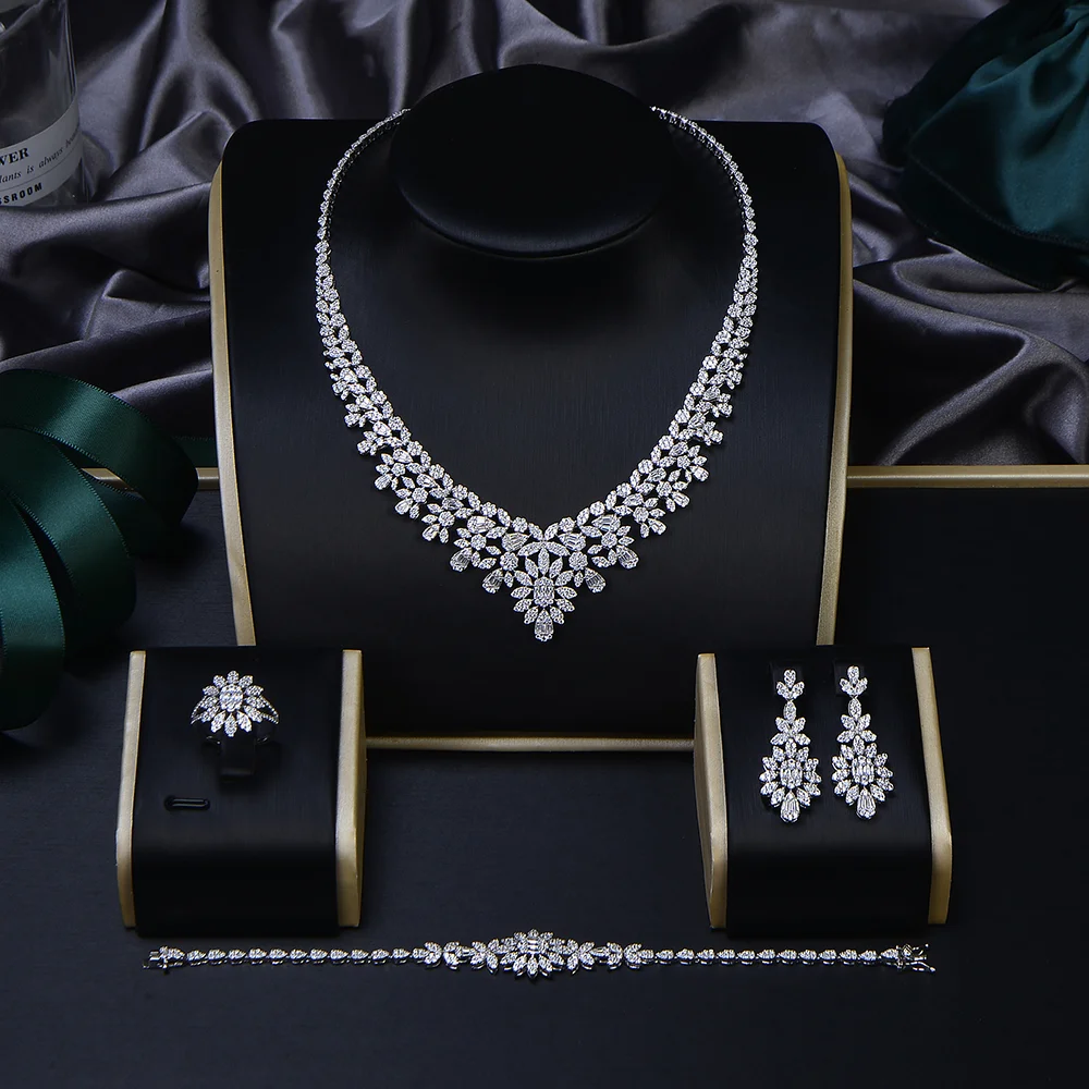 Uae Luxury Bling Heavy Cz Stone Paved 4pcs Saudi Arabian Party Stone Woman 925 Sterling Silver Bridal Jewelry Sets For Wedding