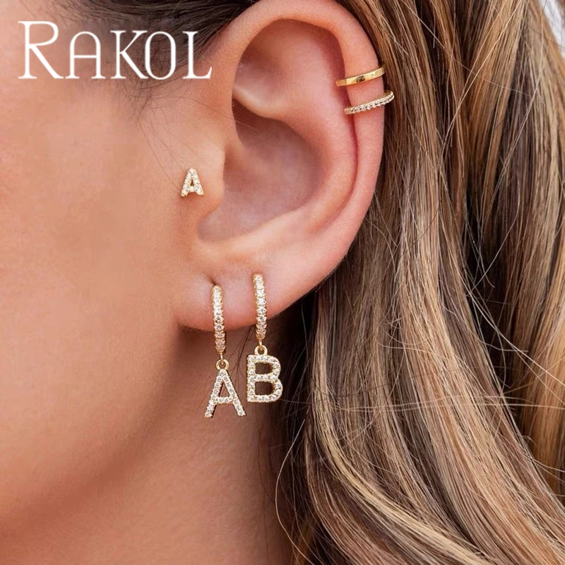 RAKOL EP2766 New Cz Letter Initial Girls Simple Chic Alphabet 26 English Letters Hoop Earring Copper Micro-set Zircon Earrings