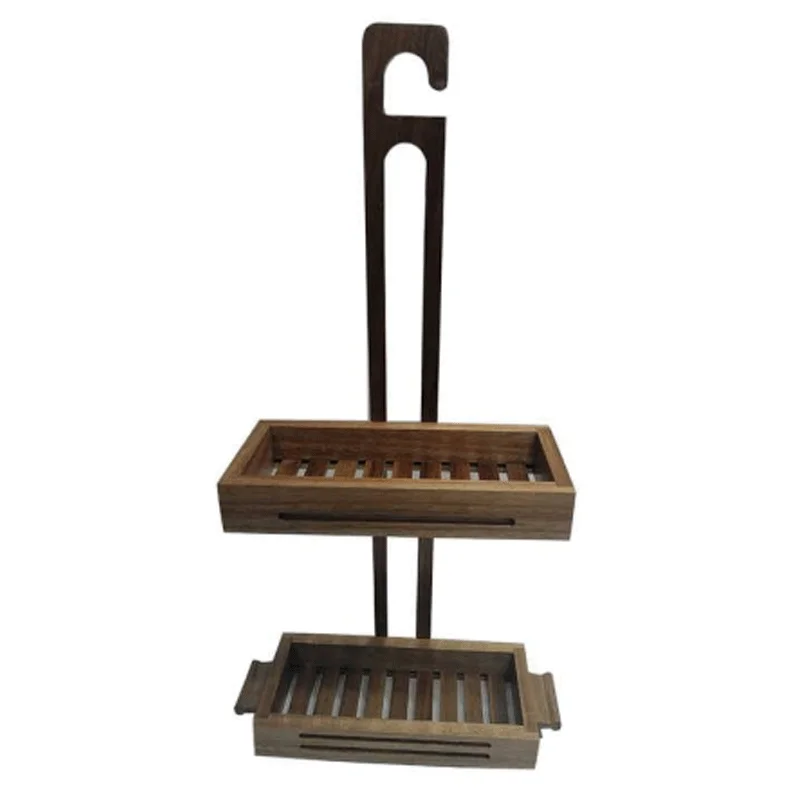 2 Tiers Acacia  Wood Portable Shower Caddy with assembled Hooks Soap Holder Hanging Bathroom Shower Organizer Shelf Storage Rack