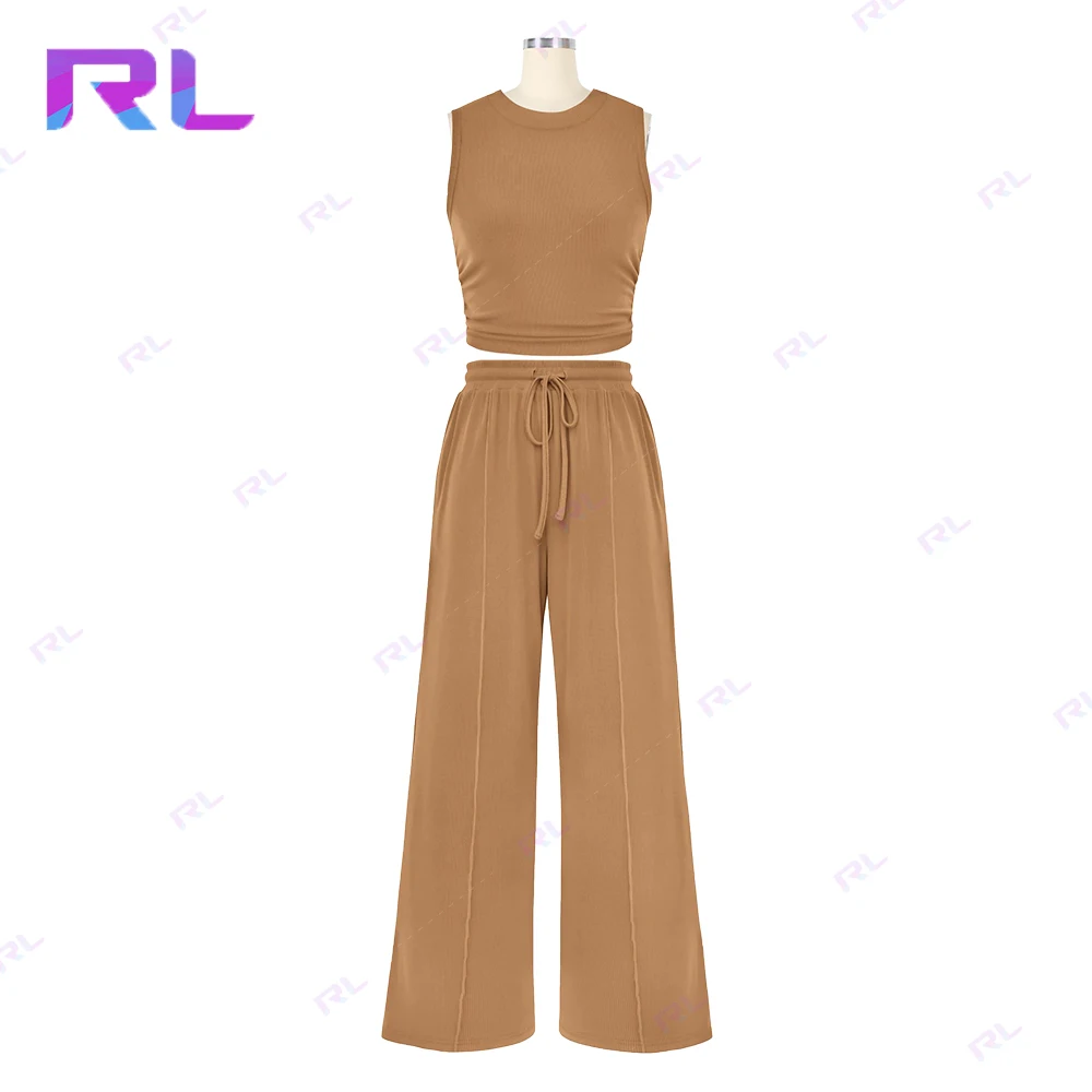 Custom Women Clothing Summer Outfit Casual 2 Piece Suits Knitted Fitting O-Neck Top and Loose Wide Leg Pants Set for Women