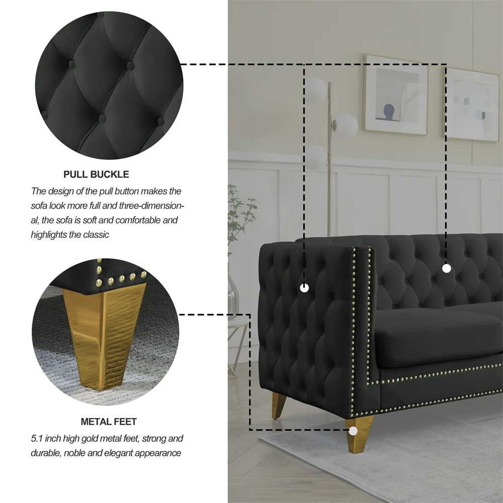 Traditional Retro Oversized 3 Deep Seat Chesterfield Sofa Black Velvet Upholstered Futon Tufted Couches with Button Nailhead