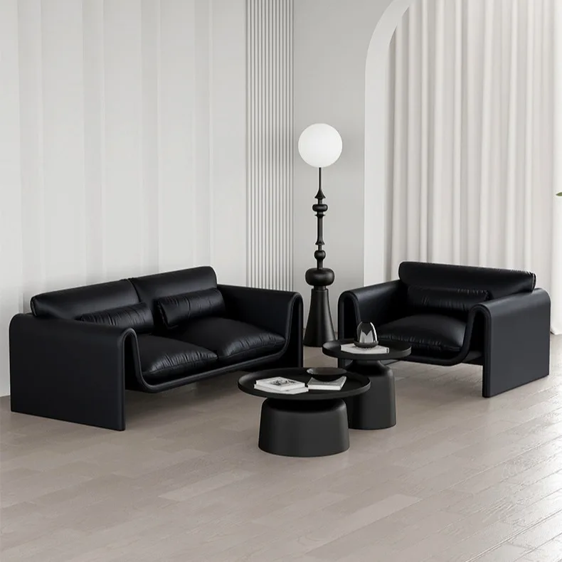 Новый дом гостиная черный диван модель комнаты дизайнерский кожаный студия трехместный оптовая продажа