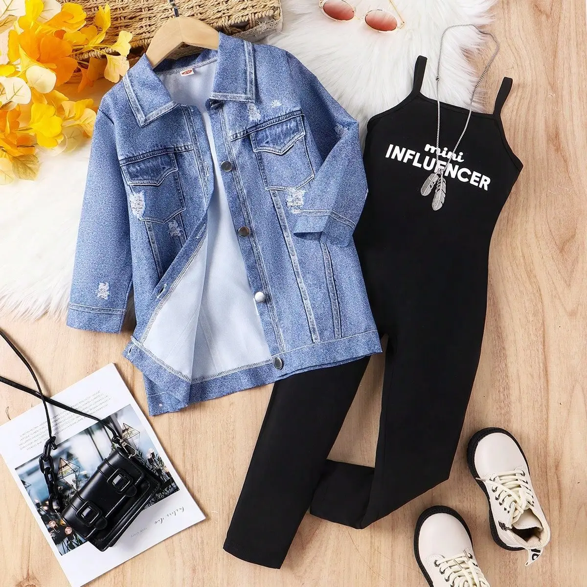 2024 Spring Autumn Children Girls Clothes Wholesale Long Sleeve Lapel Denim Jacket Letter Jumpsuit Two Piece Kids Clothing Sets