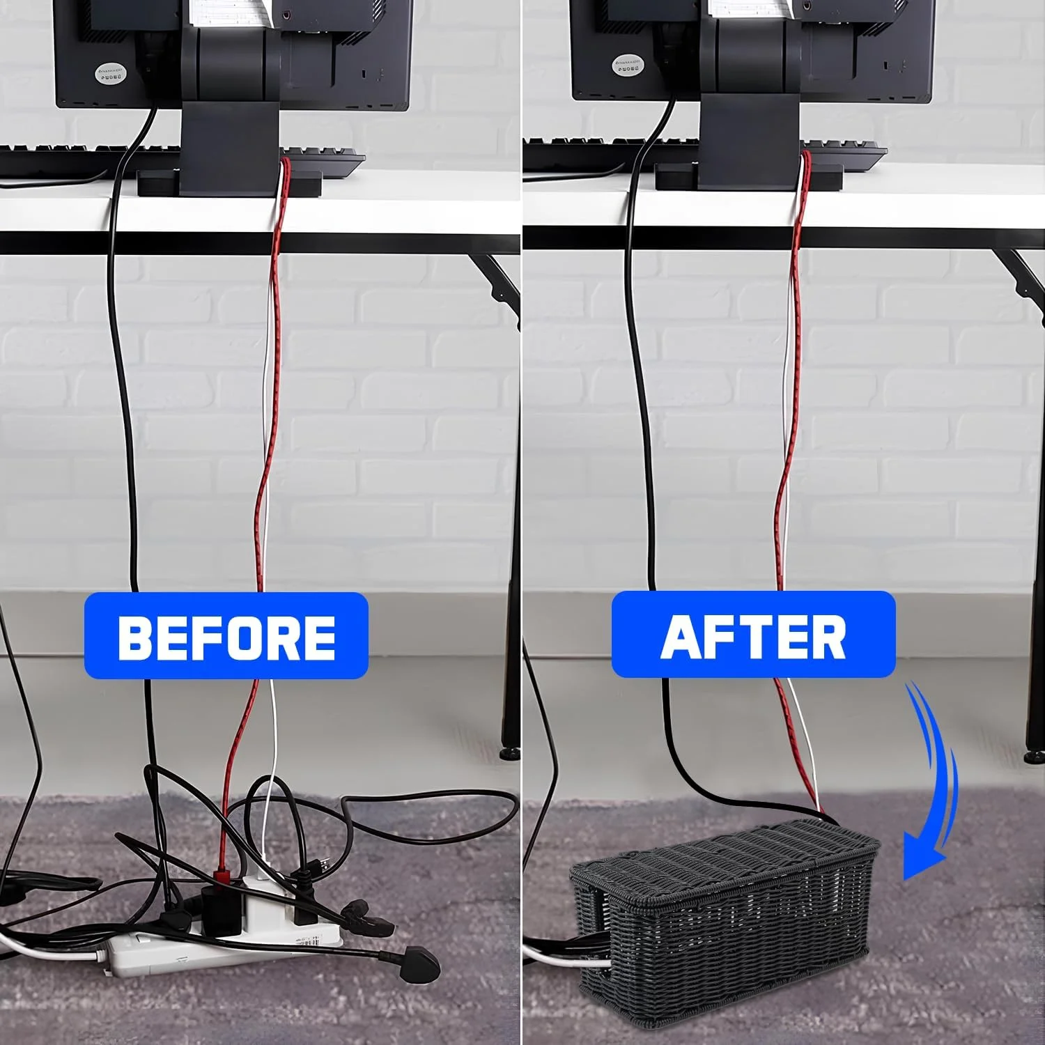 Handmade Cable Management Box Durable Rattan Cable Organizer Under Desk Wire Organizer for TV Cable Computer USB Hub Power Strip