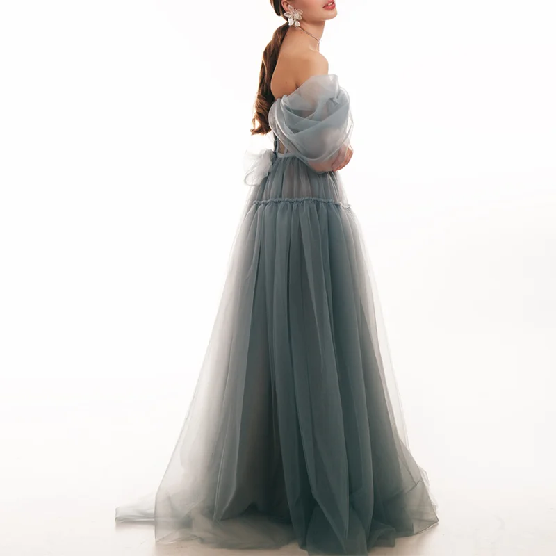 Custom Elegant Blue Empire Line Floor Length Women Lady Elegant Sexy Tulle Dress Women Gowns Evening Prom Dresses