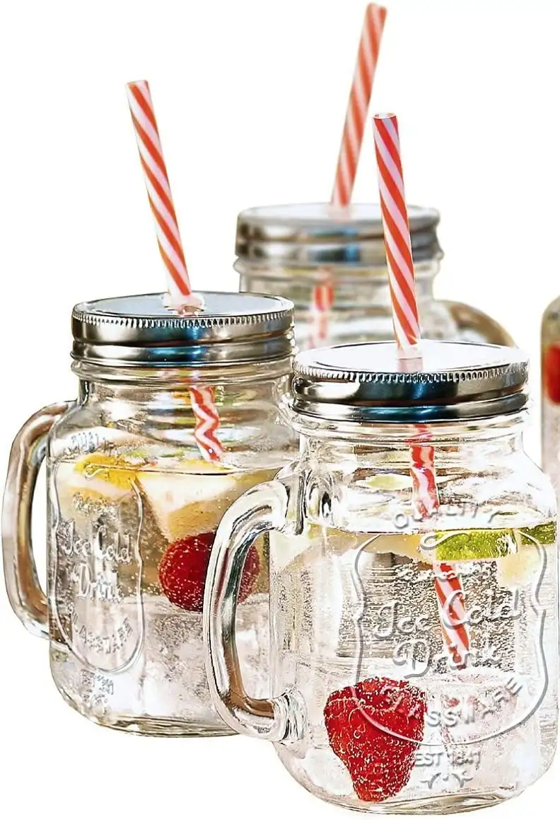 Custom Logo 16 Oz Glass Mason Jars With Lids And Straws Mason Jars Mug With Handles And Metal Lids