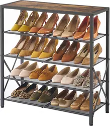 5 Tier Wardrobe Entrance Industrial Metal Mesh Shoe Storage Rack with X Fixed Frame Rustic Brown and Black