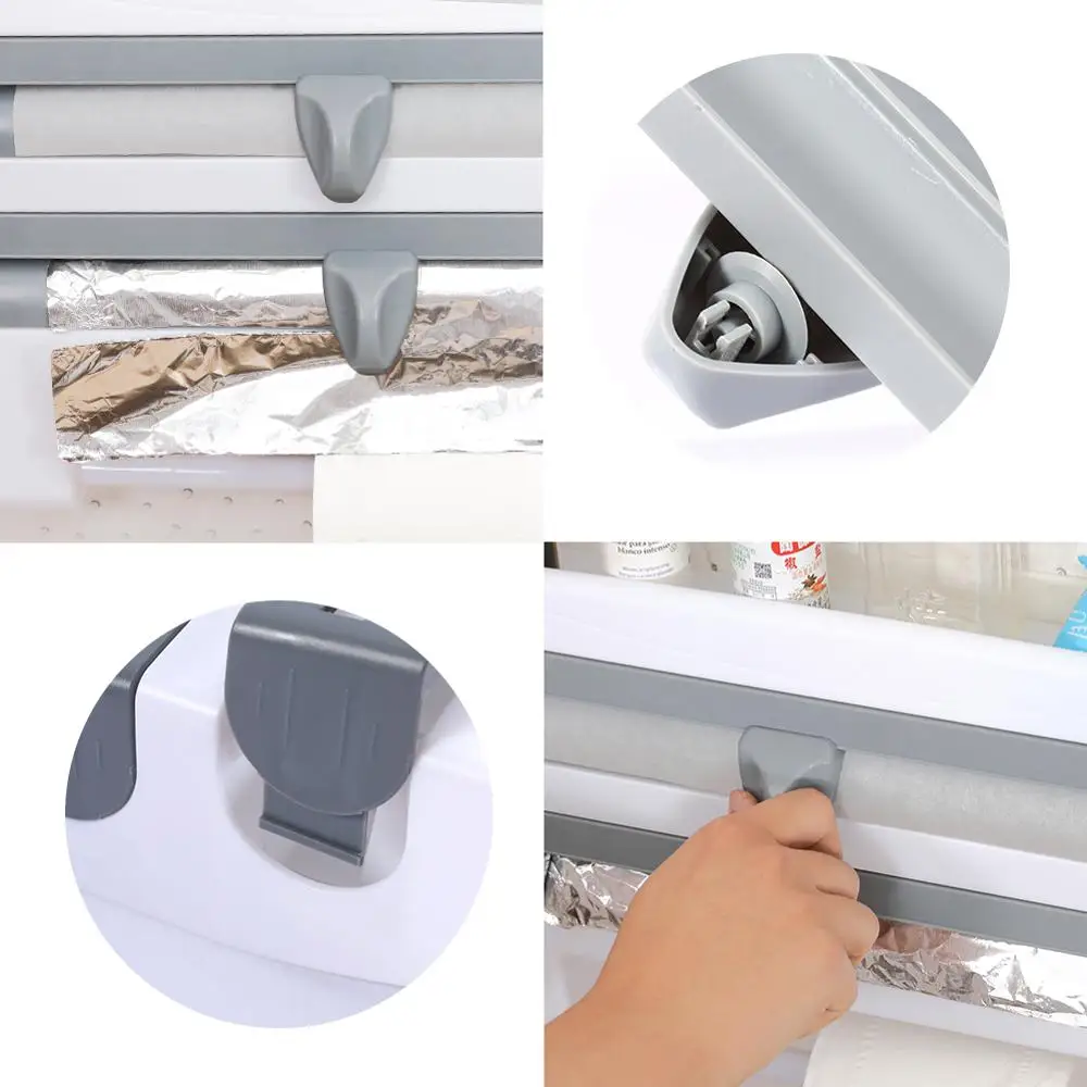 Tin Foil Paper Cutter Kitchen Storage Rack Refrigerator Cling Film Plastic Wrap Cutting Paper Towel Hang Holder Shelf Organizer