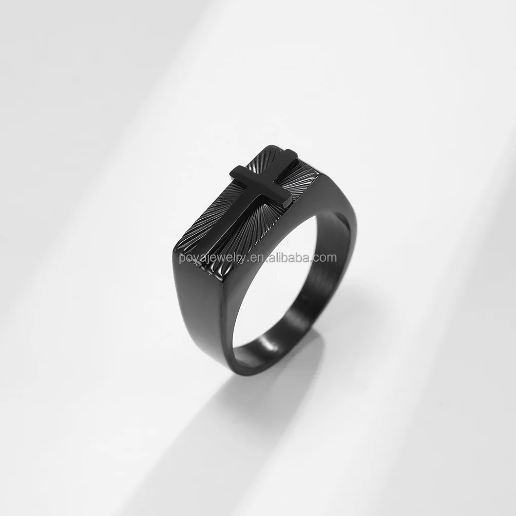 POYA Jewelry Classic Cross Signet Rings Men Fashion Stainless Steel Geometric Rectangular Ring Christian Jewelry