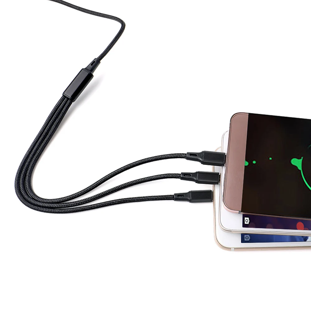 Оптовая продажа 3 in1 Usb кабель с нейлоновой оплеткой Usb кабель для передачи данных-адаптер объектива для камер micro /lightning/type-c 2.4A быстрой зарядки 1,2 m Multi кабель для зарядки телефона