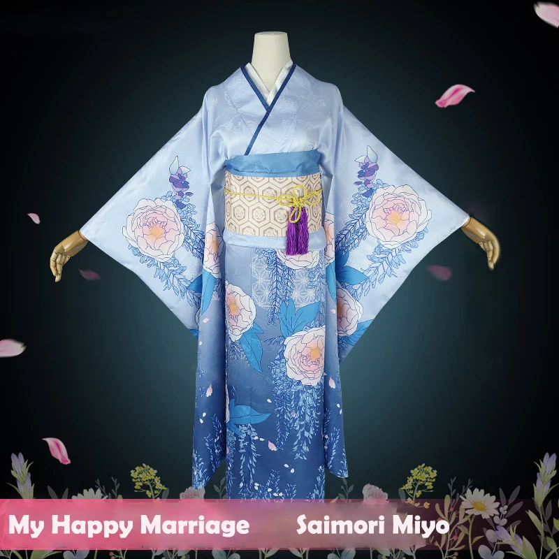 Halloween Costume Women Anime My Happy Marriage Miyo Saimori Cosplay Costume Kimono Pink Blue Dress Headwear Japanese Clothing