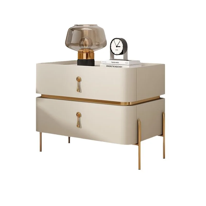 Italian Luxury Gold Metal Frame Durable Leather Beside Table Furniture Night Stand For Bedroom