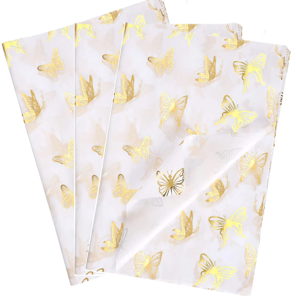 Custom Logo White Gift Wrapping Papers Golden Butterfly Tissue Paper Sheets For Packaging Art Craft