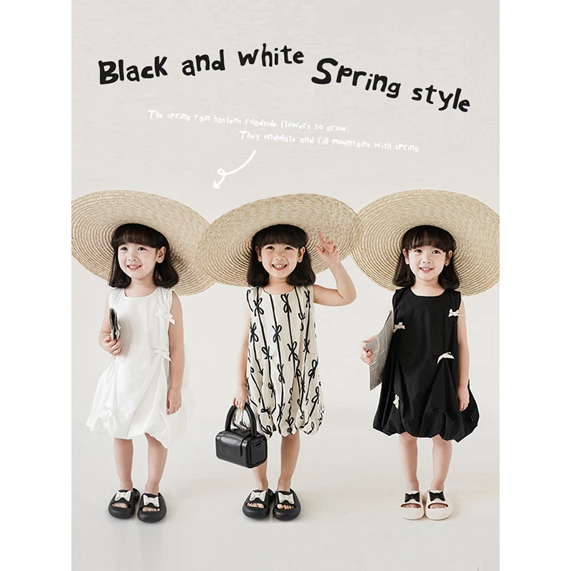 oem kids girls cute bowtie lantern sleeveless dresses odm baby Korean style dress custom RTS 100% cotton children casual dress